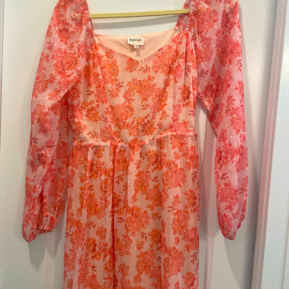Peachy pink shirt dress. Long sleeve. Perfect for spring